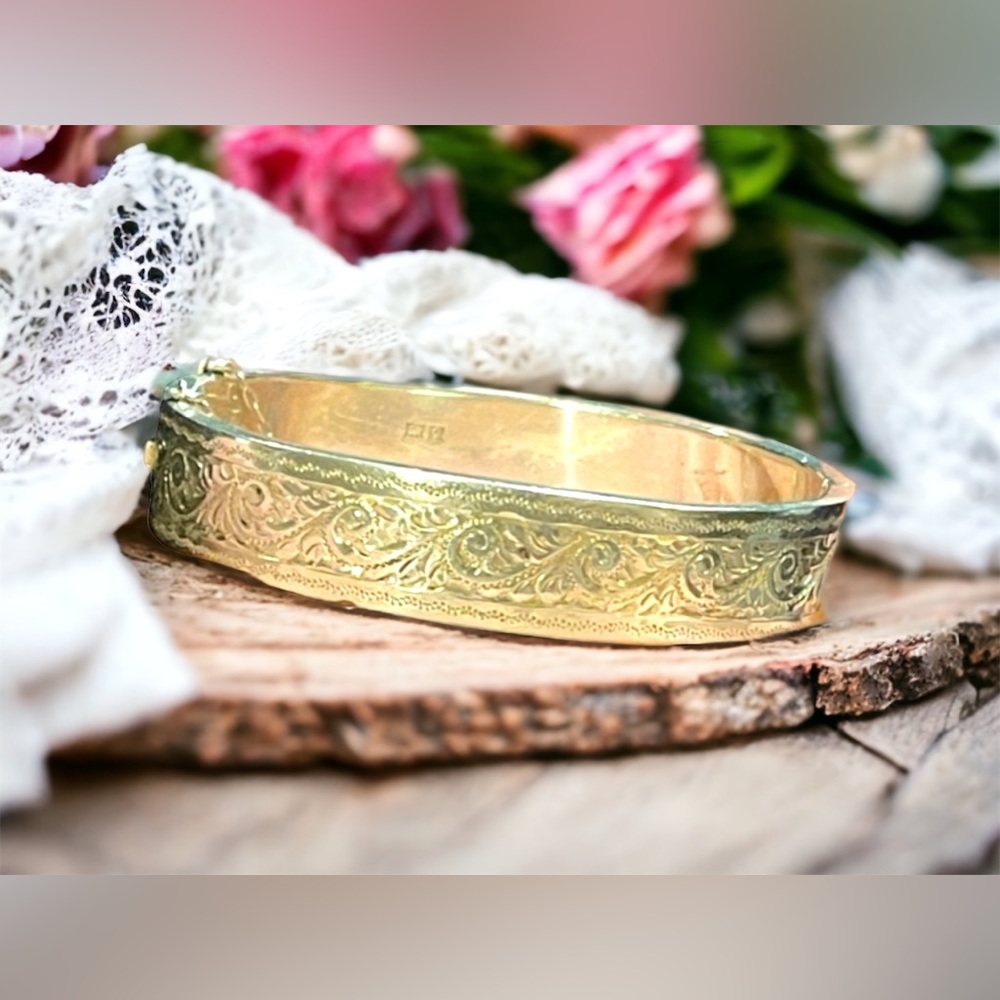Antique Sterling silver 925 Victorian etched bangle JG LTD Euro markings lion - Picture 2 of 8
